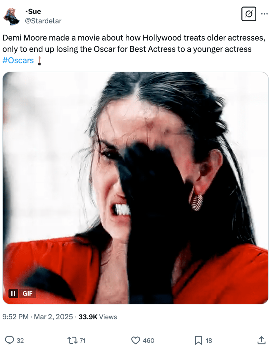 Screenshot of X post about Demi Moore's Oscars loss